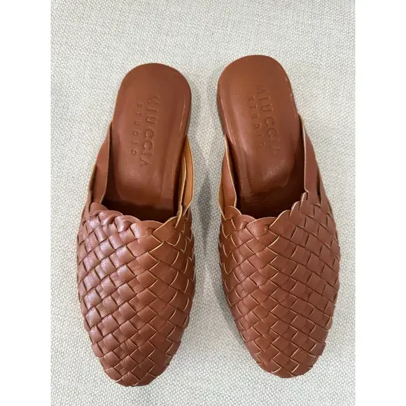 Miuccia Studio Leather Slides in Brown - Picture 2 of 6